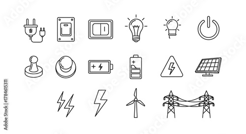 Electricity icons set vector illustration, featuring an electric plug, light bulb, power button, battery, high voltage warning, solar panel, lightning bolts, wind turbine, and power lines
