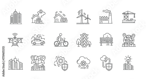 Set of clean line icons representing smart city development, urban planning, and modern infrastructure, including skyscrapers, solar-powered homes, wind turbines, factories, cranes, trains, cars