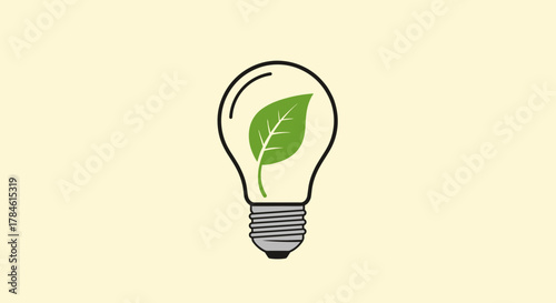 A minimalist line icon of a light bulb containing a vibrant green leaf, symbolizing environmental consciousness, renewable energy, and sustainable innovation. This graphic is ideal for eco-friendly