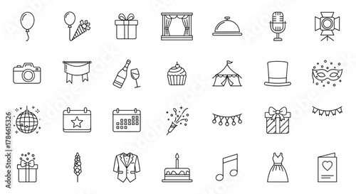 A minimalist and clean line icon set representing various event and decor elements, perfect for party planning graphics. This collection features minimalist designs on a white background, including