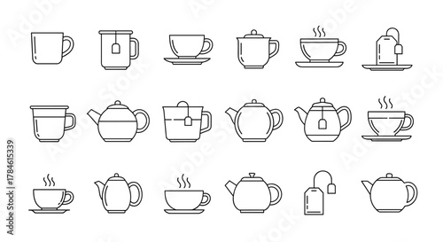 Collection of minimalist line art icons representing various tea-related items including teacups, teapots, and tea bags, perfect for beverage branding and design projects, presented on a clean white