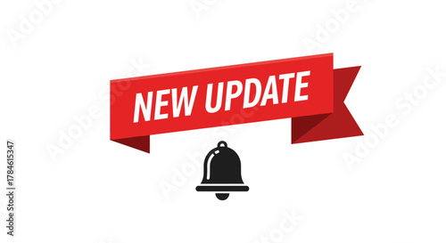 Modern red ribbon banner with white text "NEW UPDATE" and a black notification bell icon below, symbolizing an announcement for a new update or alert, isolated on a clean white background. This