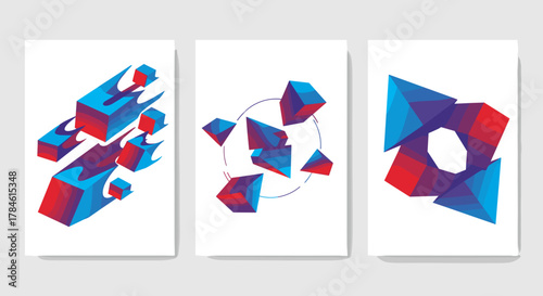 Modern gradient poster vector set featuring blue and red perspective geometric shapes in motion on a white background, ideal for minimalist cover templates, abstract art, and contemporary design