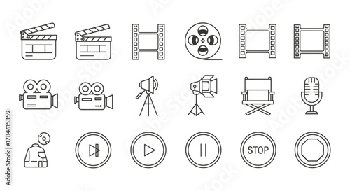 A comprehensive vector icon set for movie filming and production, featuring essential symbols like a clapper board, film strip, film reel, video camera, director's chair, microphone, spotlight, and