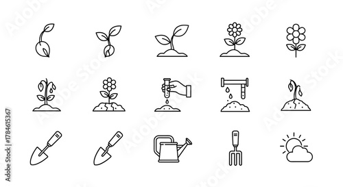 Set of line icons illustrating plant growth stages, from seed germination to flowering, including drought, soil testing with test tubes, and gardening tools like trowels, watering can, and fork