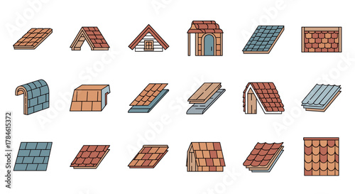 Set of flat lay outline icons representing various roofing materials, including clay tiles, asphalt shingles, slate, and wooden planks, showcasing different textures, colors, and architectural styles