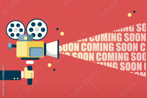 A vintage film camera projects the words “COMING SOON” onto a red background, symbolizing an upcoming movie, event, or announcement.