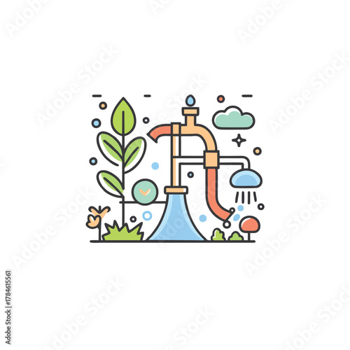 Colorful illustration depicting water conservation and sustainable water usage with a tap, pipes, shower, and plants.