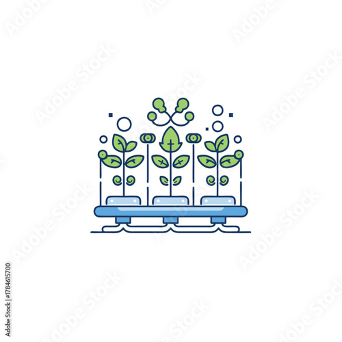Illustration of a hydroponic system with plants growing in a controlled environment.