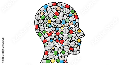 Conceptual illustration of a human head profile filled with a diverse array of colorful pills and capsules, symbolizing mental health, medication, addiction, or treatment, presented on a clean white