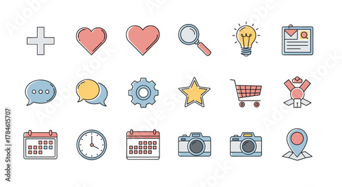 Set of 16 thin line icons for graphic and web design, apps, adverts, various cards, vector cartoon illustration. Includes plus, heart, loupe, light bulb, document, chat bubbles, gear, star, shopping