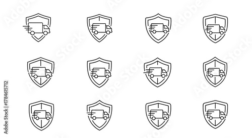 Set of twelve minimalistic line icons depicting a delivery truck within a shield, symbolizing secure and fast shipping. These versatile icons are perfect for web design, graphic applications