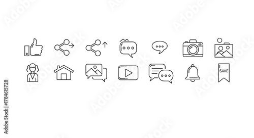 A clean and modern line icon set for social media applications, featuring essential icons like a thumbs-up, share, upload, chat bubbles, camera, photo gallery, user profile, home, video player