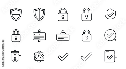 Collection of outline icons representing security and verification, including shields, locks, checkmarks, and signboards, suitable for graphic and web design, apps, advertisements, and various cards