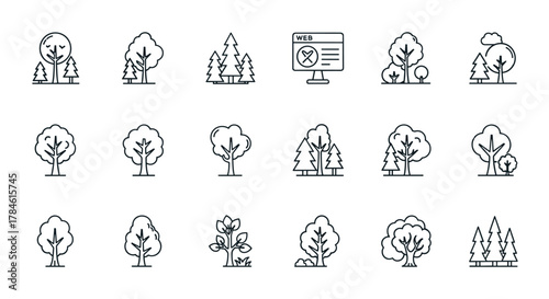 Collection of thin line icons representing various trees and forests, including deciduous and coniferous species, suitable for web, books, cards, and apps. This editable stroke vector cartoon