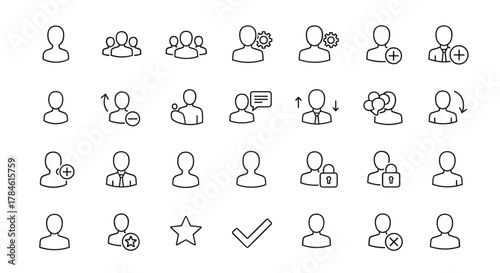 Collection of user profile icons in a clean, ordered line art style, featuring single users, groups, add/remove actions, settings gears, chat bubbles, locked accounts, and favorite stars, all on a