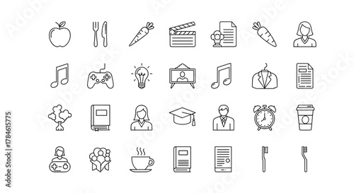 Modern thin line vector icons set representing various aspects of human lifestyle, including nutrition, entertainment, personal development, education, and daily routines, perfect for web and app