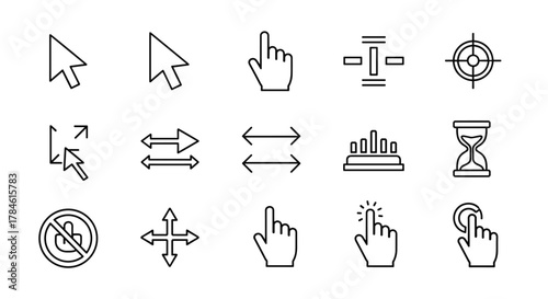 Collection of linear style mouse cursors and pointers for on-screen navigation and user interactions, featuring arrow designs, hand cursors for clicking and selecting, a target, an hourglass, a