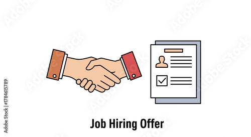 Symbolic illustration of a handshake and a resume with a checklist, representing job hiring, recruitment, career opportunities, and human resources. This visual metaphor conveys agreement and