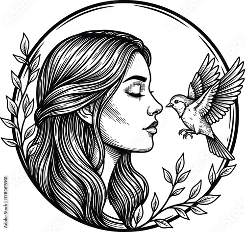 Woman and bird vector illustration line art drawing nature peaceful art eps silhouette