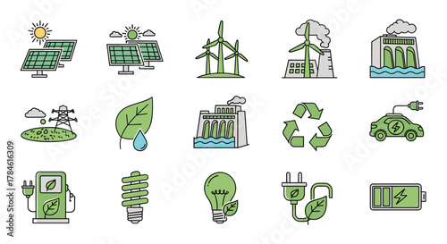 Collection of Green Energy Signs: Solar Panels, Wind Turbines, Hydroelectric Dam, Electric Car, Battery, and More, Illustrated with Thin Lines in a Cartoon Style for Apps, Websites, Banners, and