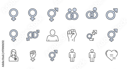 Collection of gender and feminism icons, including female and male symbols, intertwined rings, fist of solidarity, and human figures, designed with a thin line style for versatile application in