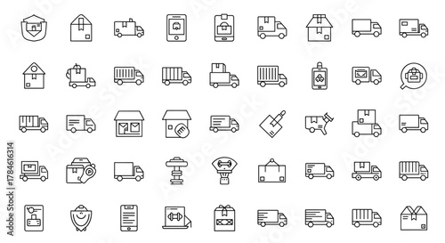 A comprehensive collection of line icons representing delivery and transportation services, featuring trucks, parcels, cargo, and related logistics symbols, ideal for graphic design, web development