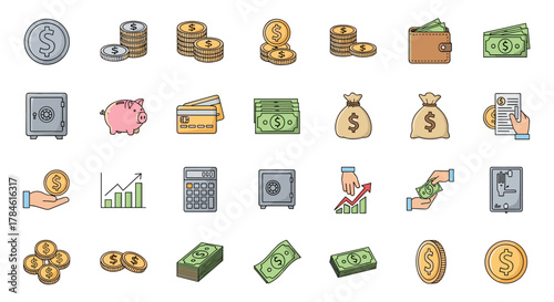 Vibrant Collection of Dollar and Money-Related Icons: Featuring Coins, Bills, Safes, Piggy Banks, Credit Cards, and Financial Growth Charts, Perfect for Infographics, Articles, and Digital Content