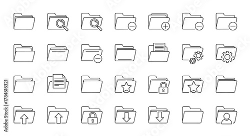 A comprehensive collection of minimalistic linear outline icons representing various folder operations and states, including search, add, remove, document, settings, favorite, locked, upload