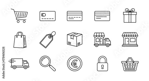 A clean and modern set of thin line icons representing various aspects of e-commerce and online shopping, including a shopping cart, credit cards, gift box, shopping bag, price tag, package, delivery