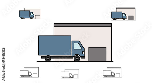 Minimalistic vector cartoon illustration of a blue delivery truck parked next to a warehouse building with a loading dock, symbolizing logistics and transportation, perfect for web and graphic