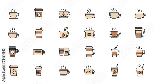 A collection of flat design icons representing various coffee and tea cups, perfect for UI elements, placards, books, and apps. These vector cartoon illustrations feature editable strokes and are