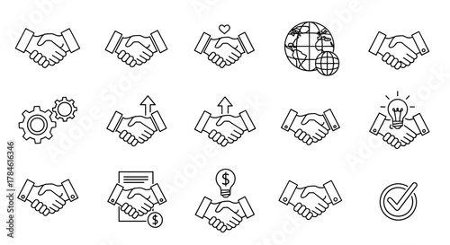 Collection of outline handshake icons representing business deals, partnership, agreement, and success, perfect for infographics, articles, books, flyers, and banners, editable stroke vector cartoon