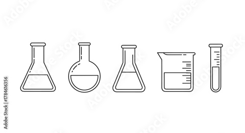 Minimalistic thin line icons of laboratory flasks and beakers, perfect for web design, graphic design, apps, banners, social networks, and cards. This vector cartoon illustration features essential