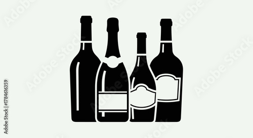 Collection of four black silhouette wine bottles of varying shapes and sizes, including champagne and wine bottles, with blank labels, representing alcoholic beverages, isolated on a white