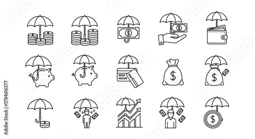 Set of line illustrations depicting financial security and protection, featuring umbrellas shielding stacks of coins, banknotes, piggy banks, credit cards, money bags, wallets, and individuals