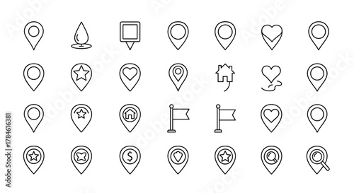 Collection of outline map pin line icons, featuring diverse symbols like hearts, stars, houses, flags, dollar signs, and magnifying glasses, perfect for graphic and web design, apps, adverts, and