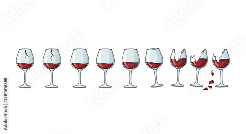 A linear sequence of wine glasses, depicting a progression from intact to shattered, filled with red wine, presented as a cartoon vector illustration on a clean white background, symbolizing