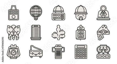 A collection of 15 minimalistic line icons representing various objects and concepts, including a padlock, globe, scales, baby, person in a suit, butterfly, document, abstract shape, bottle, helmet