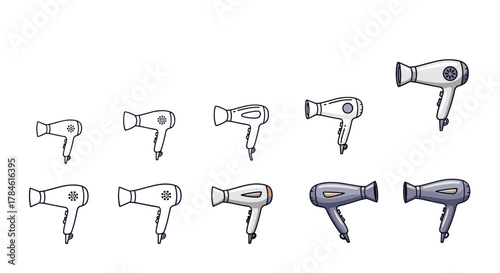 Collection of cartoon hair dryer icons in various styles and colors, including line art and filled illustrations, presented on a clean white background, perfect for web, print, and app design