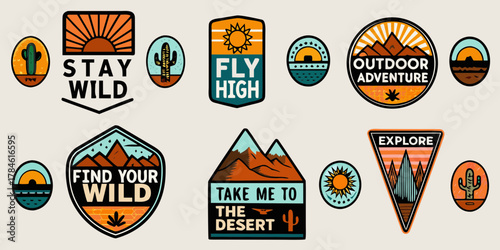Collection of outdoor adventure themed patches and stickers with desert and mountain motifs