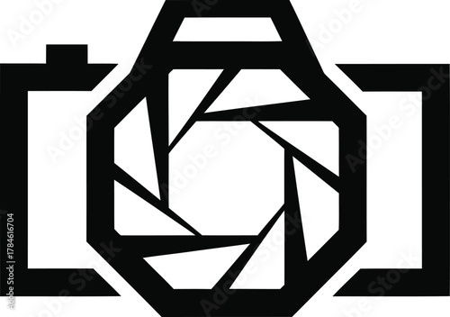 Black and white camera icon with aperture lens design.