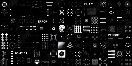 Collection of futuristic glitchy ui elements and icons on a dark background