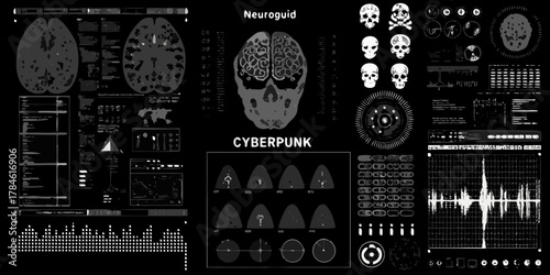 Futuristic cyberpunk interface displaying brain scans medical data and skull graphics