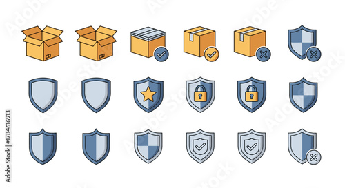 Collection of flat design icons representing shipping boxes and security shields, perfect for e-commerce, logistics, and protection themes. Includes open and closed boxes, shields with checkmarks