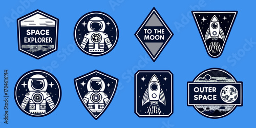 Collection of eight retro style space exploration badges and patches featuring astronauts rockets and planets