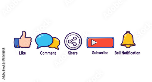 Vibrant cartoon illustration of essential social media engagement icons: a thumbs-up for 'Like', speech bubbles for 'Comment', a share symbol for 'Share', a play button for 'Subscribe', and a bell