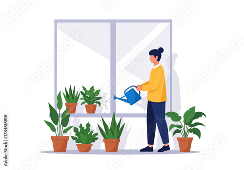 Illustration of a Woman Watering a Row of Houseplants Placed in Front of a Large Window 