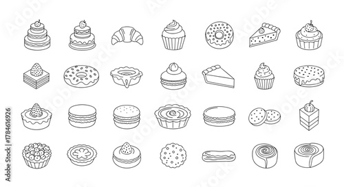 Collection of outline icons representing various cakes and pastries, including tiered cakes, croissants, cupcakes, donuts, pies, macarons, eclairs, and cinnamon rolls, perfect for infographics
