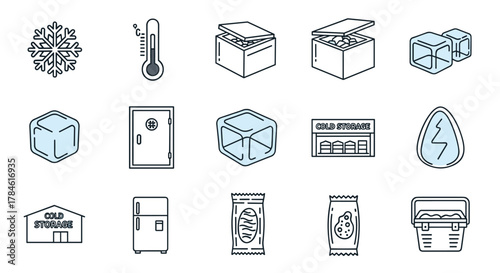 Modern Outline Style Icons Representing Cold Storage and Freezing Concepts, Including Snowflakes, Thermometers, Ice Cubes, Refrigerators, Cold Storage Buildings, and Packaged Food Items, Perfect for